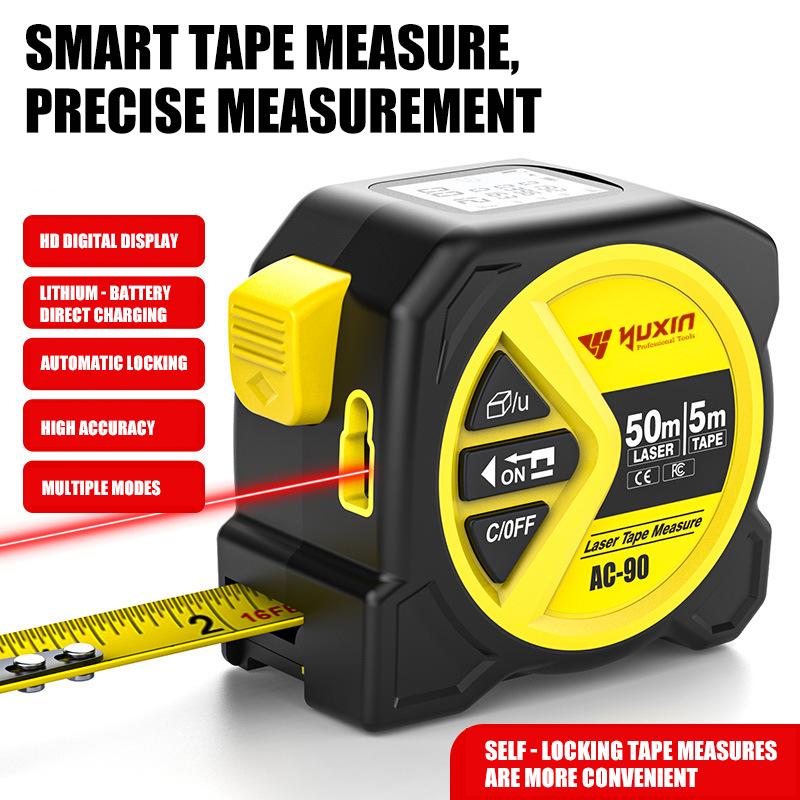 2 in 1 Digital Laser 5m Tape Measure with LCD Display, Self-Locking Device, 40m, 50m, 60m Measuring Options, Work Equipment for Men