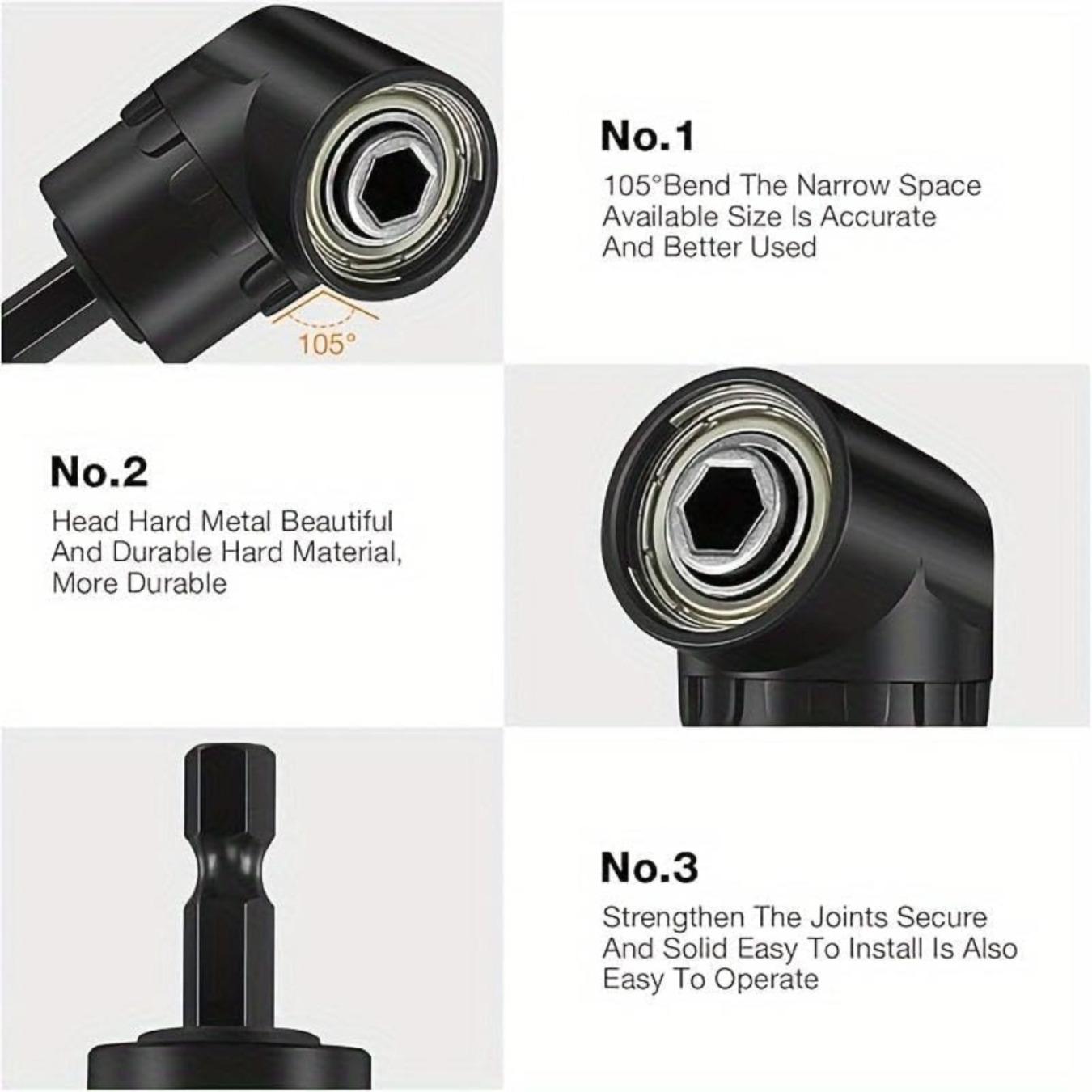 6-piece Angle Drill Bit Accessory and Right-angle Drill Bit Adapter Set - Includes 3 Rotatable 360° 1/4, 3/8, and 1/2 Inch Impact Grade Socket Adapters + 2 105° Hexagonal Shank and 90° Inclined Drill Bits Tool Kit