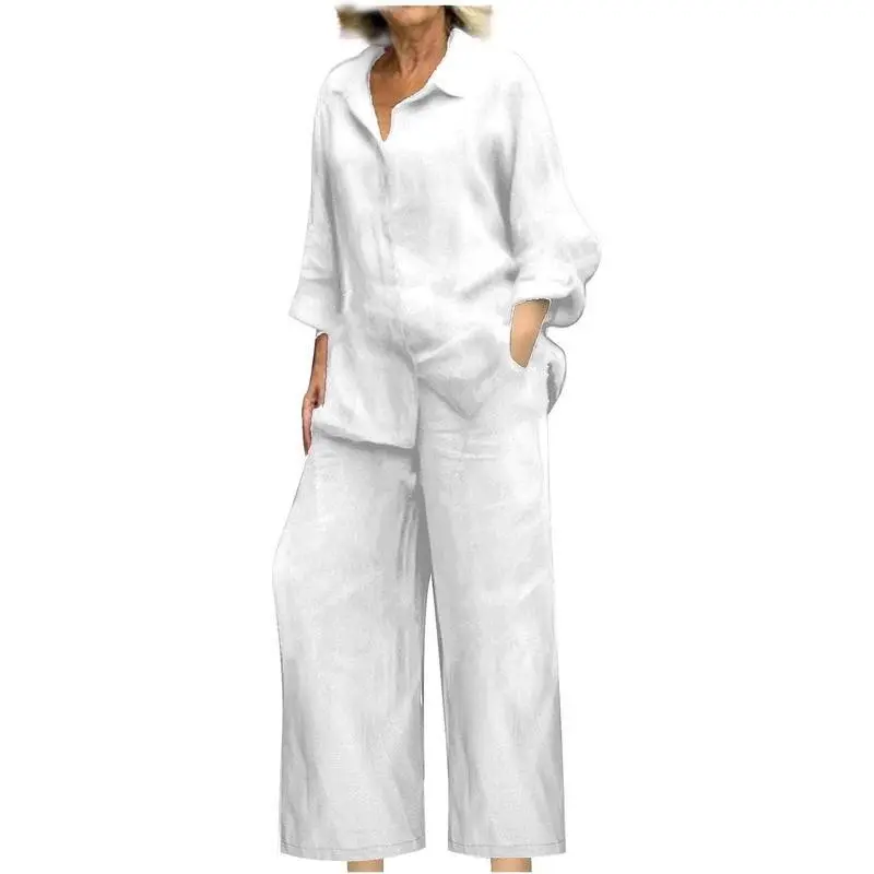 Linen Sets for Women 2 Piece Long Sleeve Shirts & Wide Leg Trousers Loose Fit Dressy Cotton Linen Outfits