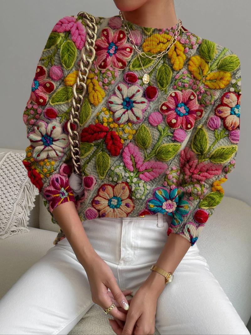 Women's Floral Knit Sweater Knitwear, Stand Collar Colorblock Embroidery Print, Casual Elegant Commuter Wear, Spring Fall Winter Fashion