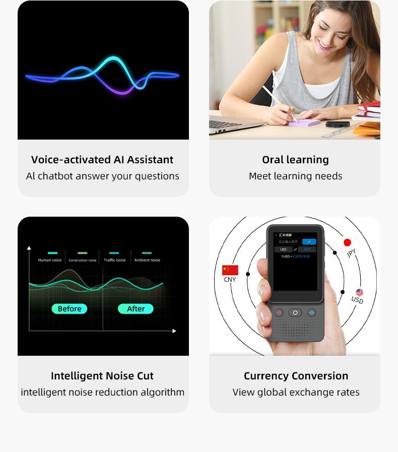 FunnyPanda AI Language Touchscreen Translator Device 138 Languages Real-Time Voice Photo Translation Offline Mode Touchscreen Tech Gadgets Rechargeable Mic Language Learners for Voice Dialogue Translation for Travel, Meetings, Immigration, Study Abroad
