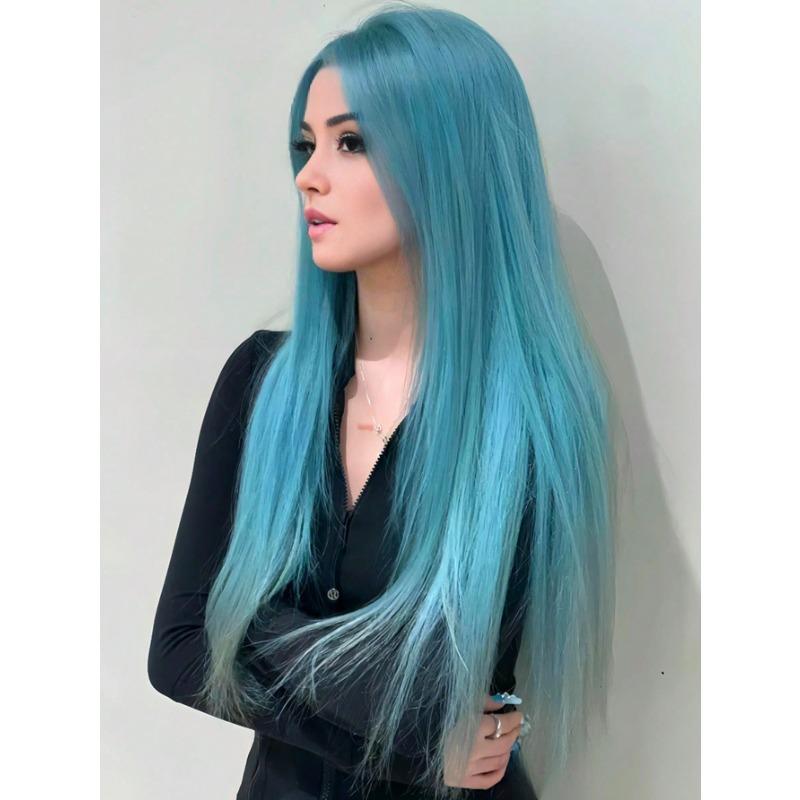 Women's Synthetic Hair Wig - 28-inch Straight Mint Blue, Middle Part Bangs, Natural Soft Texture, Colored Curly Synthetic Costume Wig for Cosplay, Daily Wear, Festival Party, Natural Style, Colored Curly Synthetic Costume Wigs