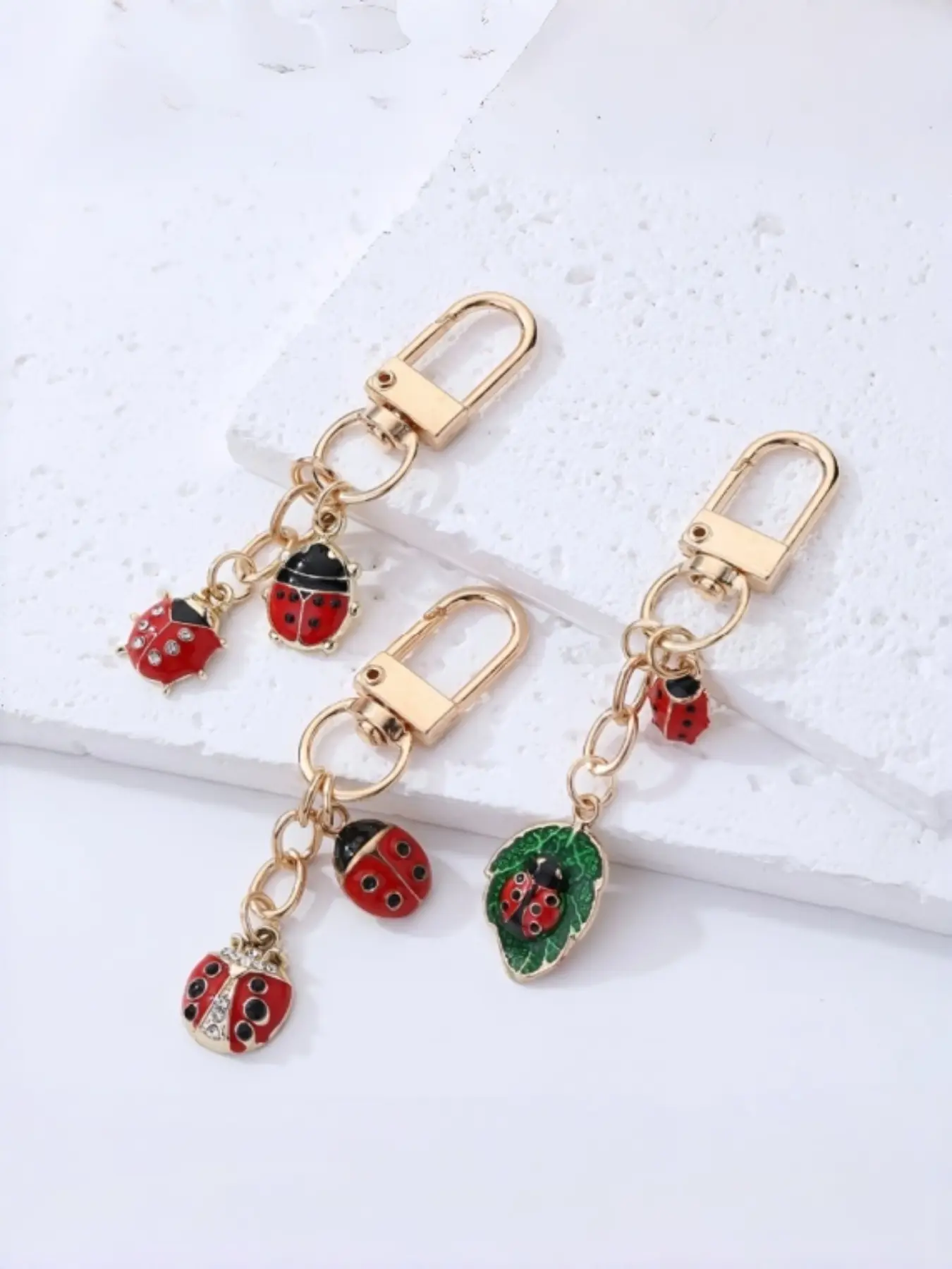 3pcs Ladybug Keychains, Enamel Bug Pendant with Crystal Gems & Leaf Design, Perfect Accessory for Bags & Wallets, Ideal Mother's Day Gift
