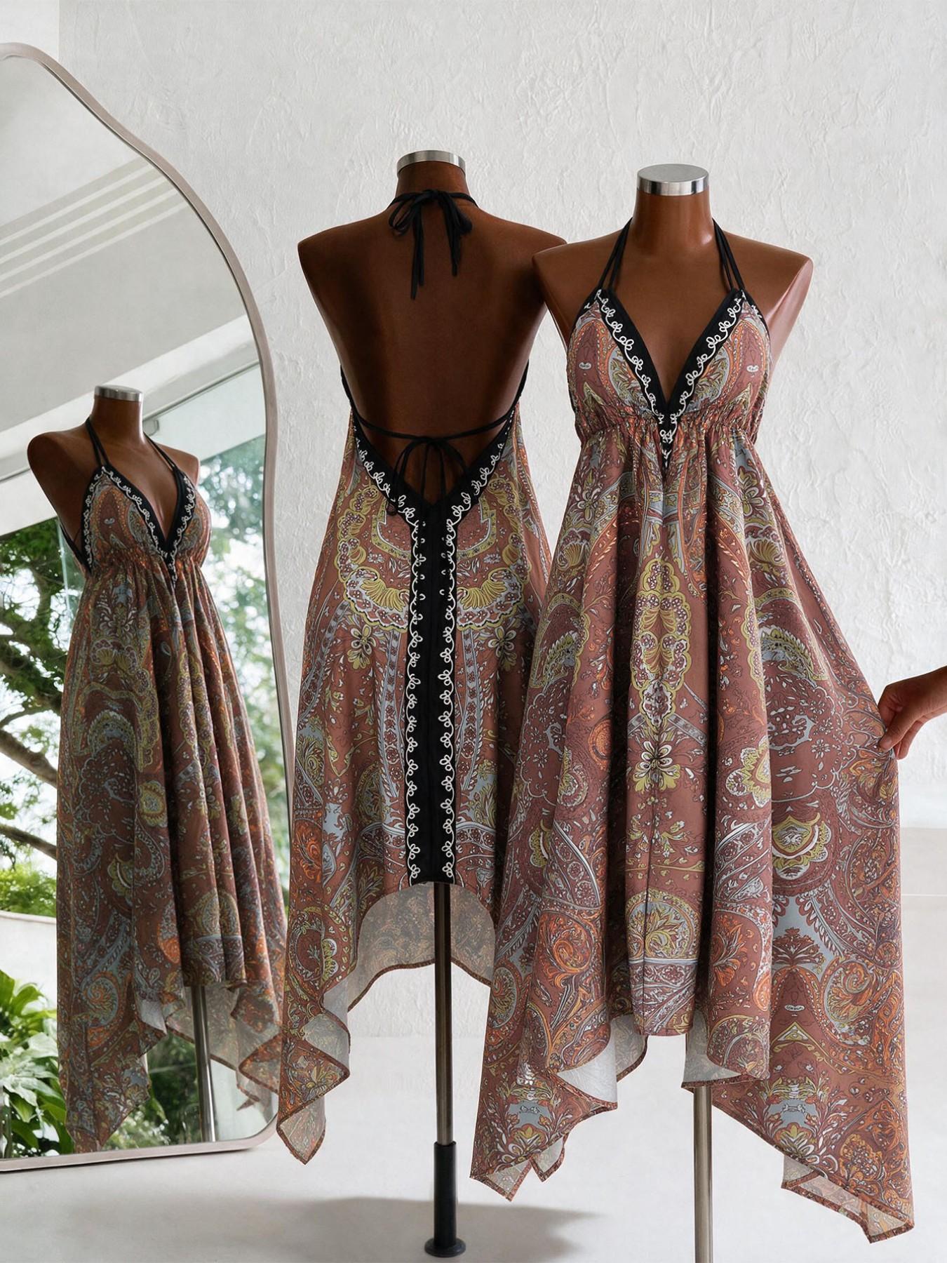 Women's Summer Boho Print Halter Long Dress, Deep V Backless Waist Cinch Sexy Dress, Perfect for Beach Vacation, Date, Daily Wear, Hiking, Boho Printed Dress