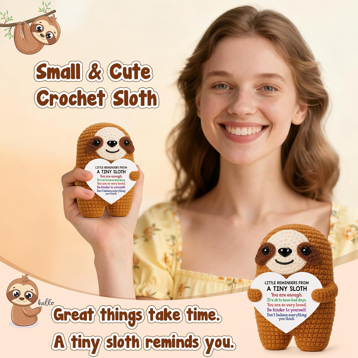 Handmade Positive Crochet Sloth Soft Stuffed Animal with Encouragement ...