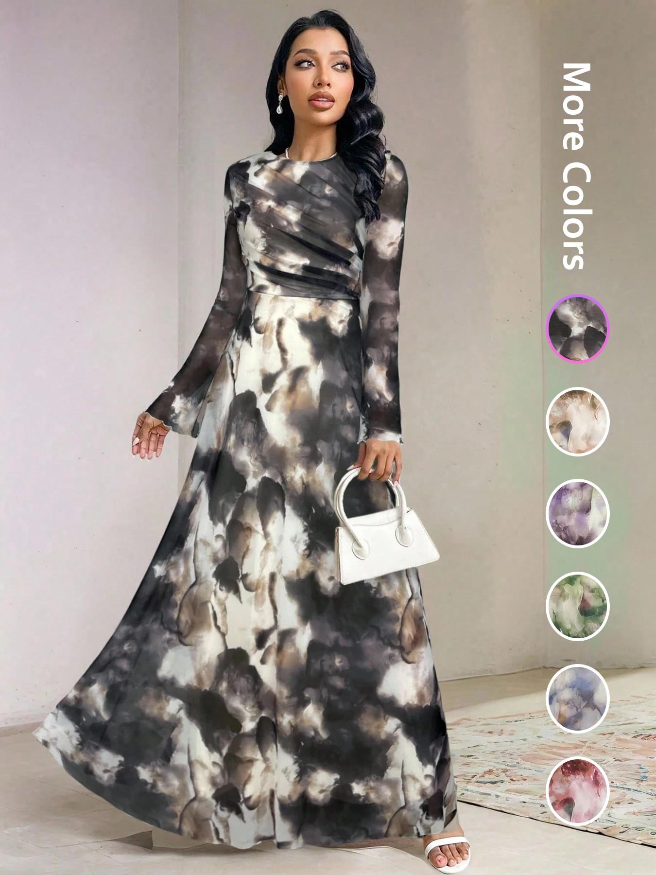 Elegant Women's Tie-Dye Print Long Sleeve Round Neck Maxi Dress, Party Wear Formal Gown, Ladies Fashionable Chic Evening Dresses