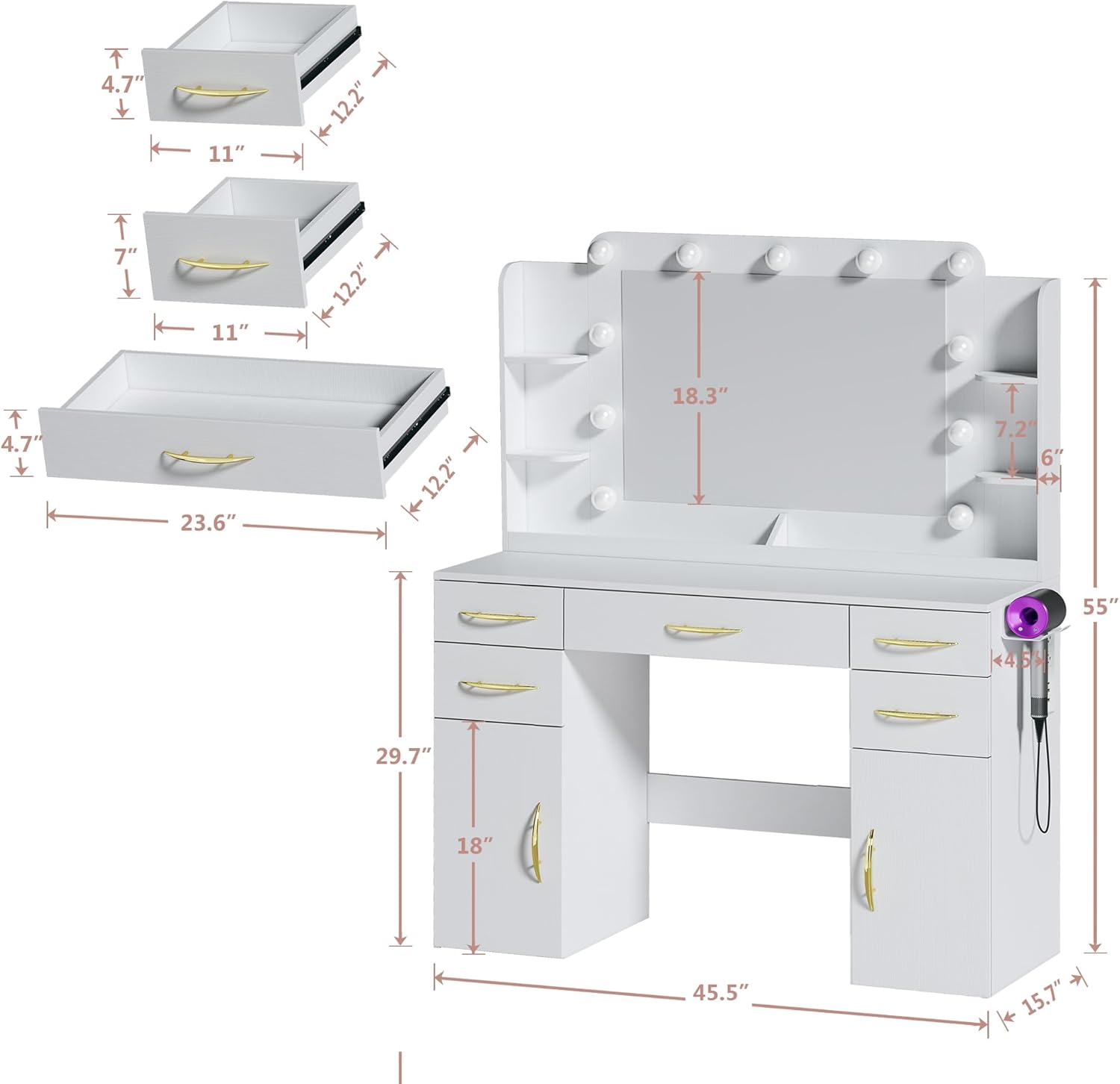 [ChristmasGifts] Large Makeup Vanity Desk with Lights, 50" Wide Vanity Table with Mirror & 3 Lighting Modes, Built-in Power Outlet, 5 Drawers & 2 Cabinets, Spacious 23.6" Legroom, White