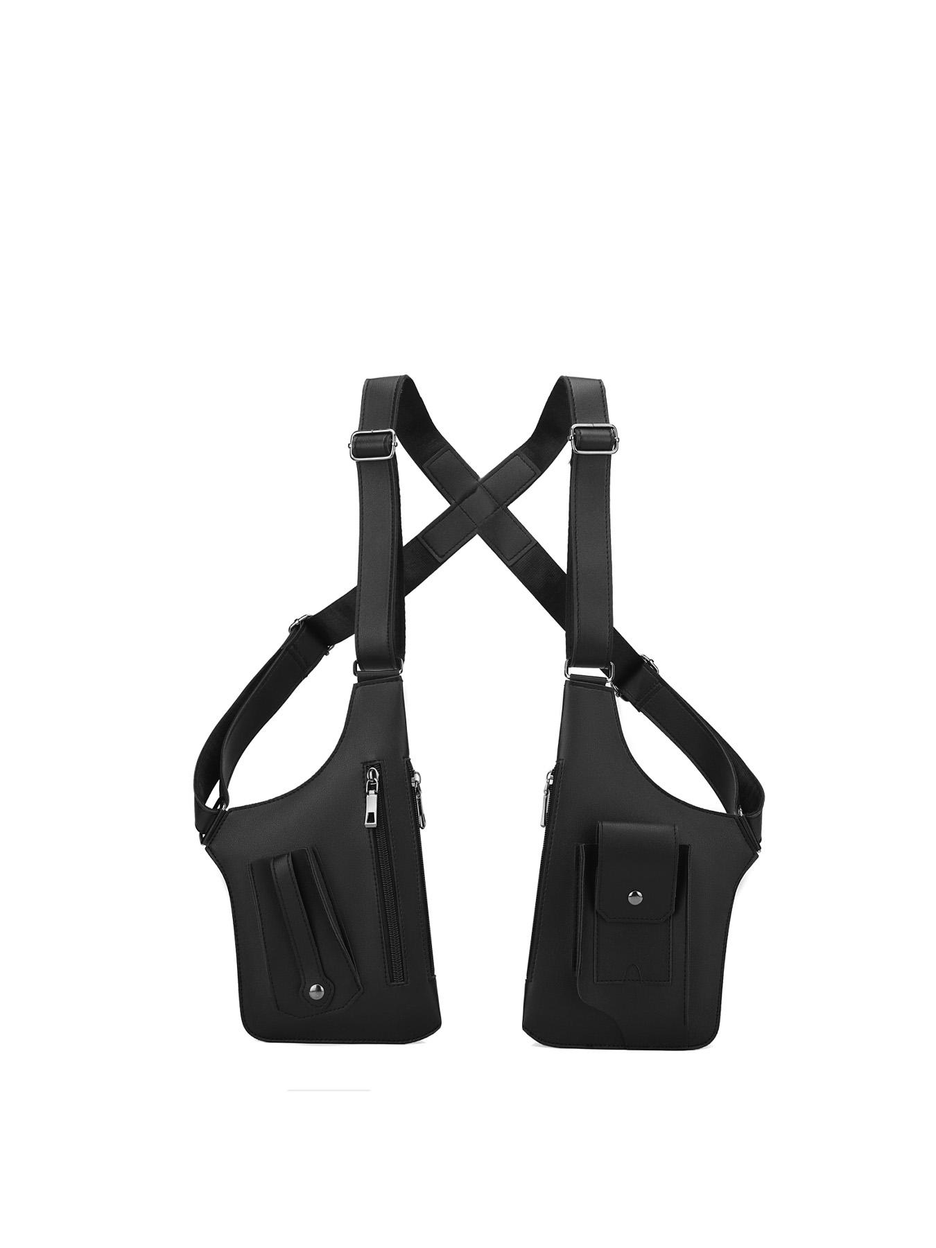 1pc Tactical style PU leather shoulder bag for men, multi pocket adjustable shoulder strap functional shoulder bag, cyberpunk style workwear armpit bag, trendy and cool outfit with vest bag