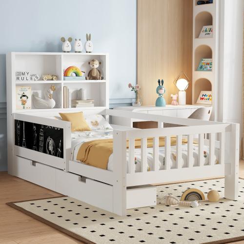 [Bellemave]Twin Platform Bed with Chalkboard,Solid Wood Platform Bed with Storage Drawers and Shelves,Childlike Fun and Space-saving Design