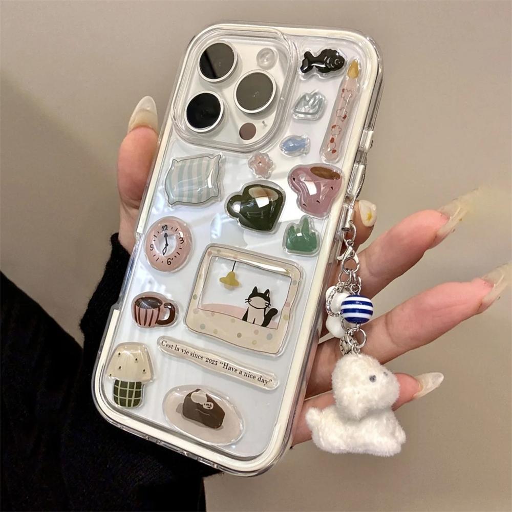 DIY Cute Funny Illustration Transparent Phone Case For iPhone 16 15 14 13 12 11 Pro Max Clear Lovely Pendsnt Shockproof Cover