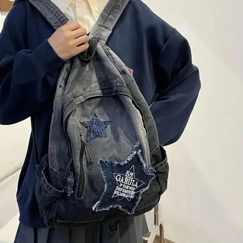 New Gray Denim Backpack Women's Leisure Travel Outing Shoulder Bag Female Fashion Schoolbags Suitable For Boys And Girls Mochila
