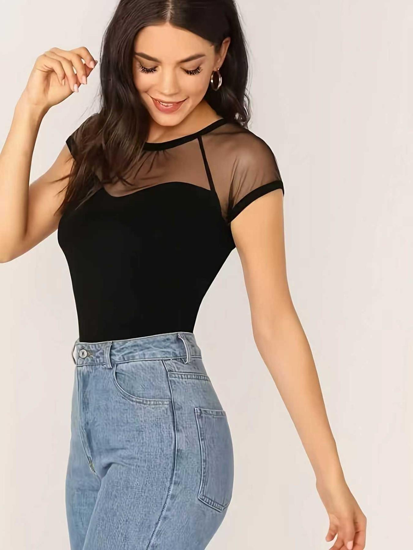 Elegant Women's Mesh Patchwork Round Neck Fitted Top, Stylish Casual Wear, Perfect for Daily, Comfortable and Trendy