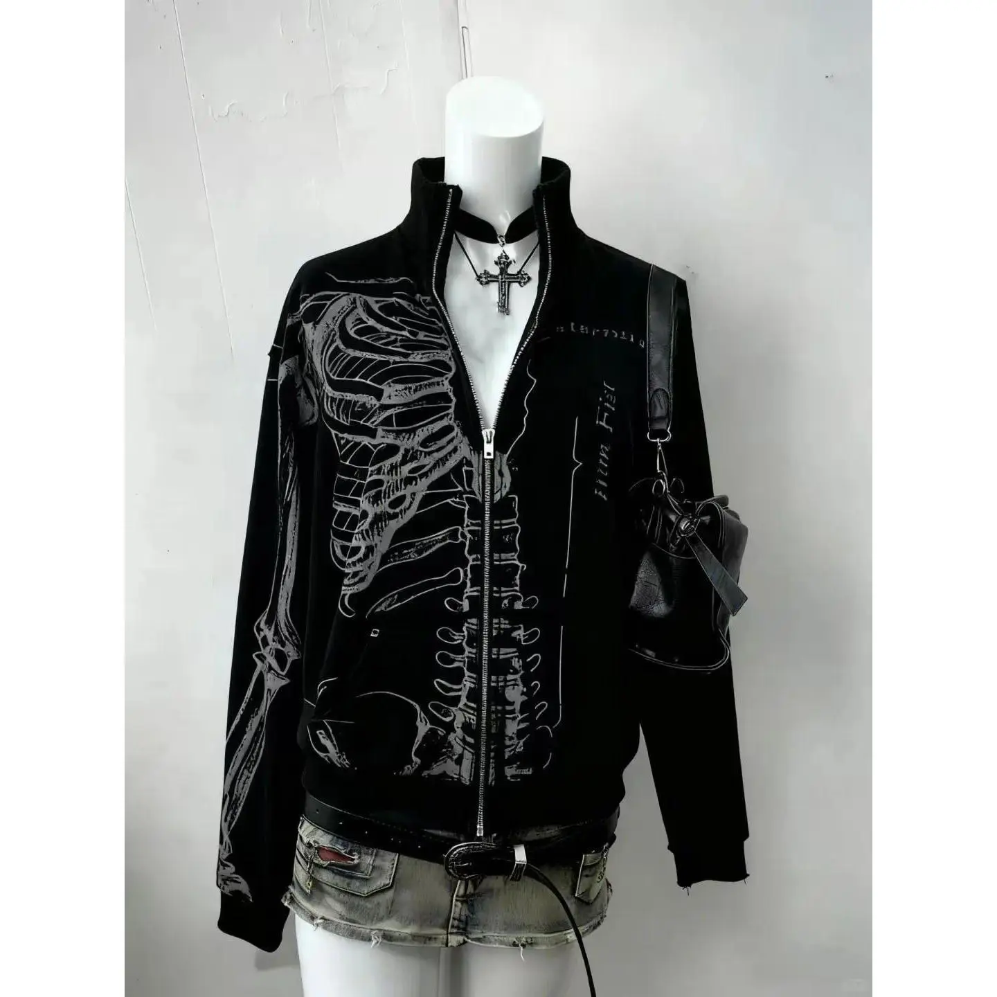 Women Gothic Skeleton Print Zip Up Jacket Black Stand Collar Y2K Subculture Streetwear Harajuku Punk Casual Coat Top Japanese