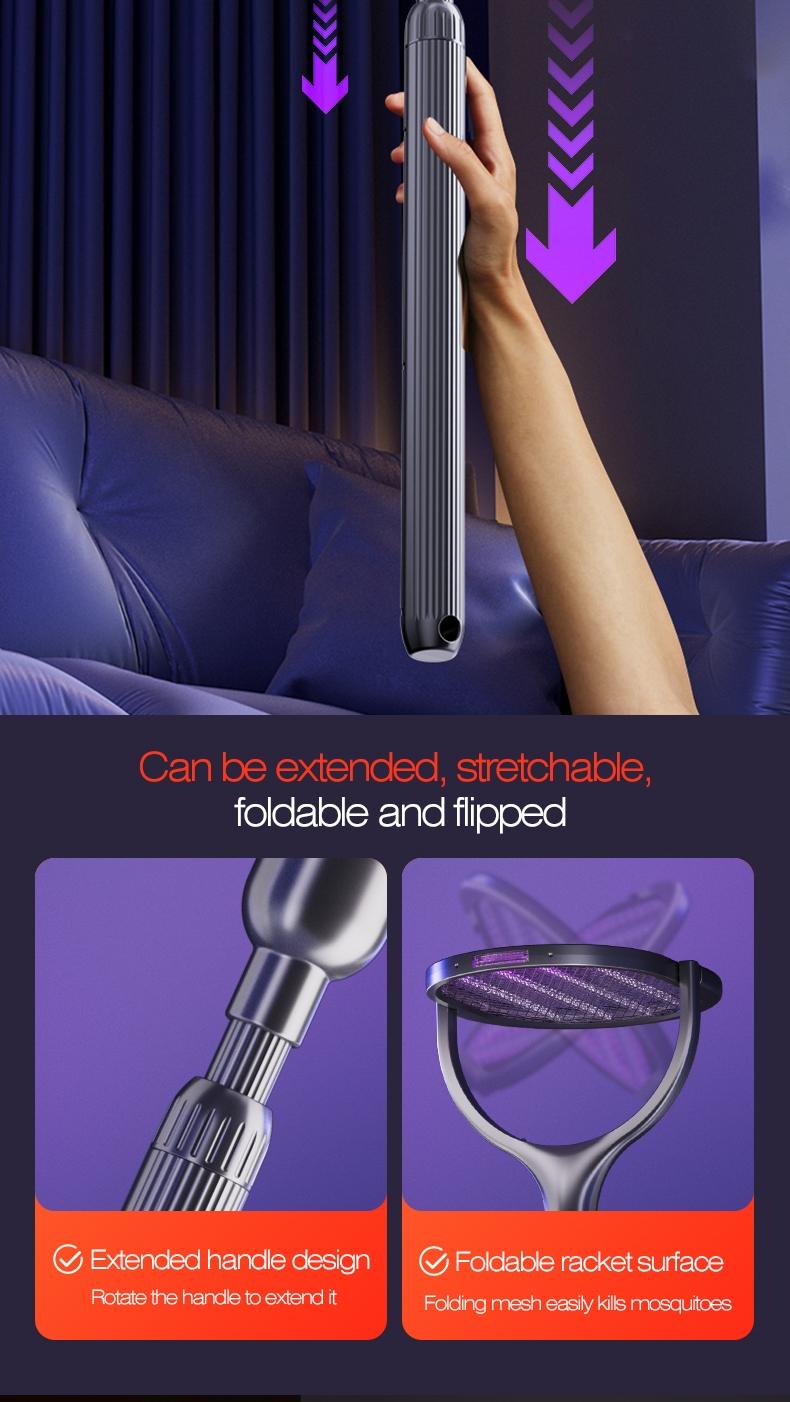 Foldable Electric Mosquito Swatter with Rotating Head – 6-in-1 Rechargeable Insect Zapper with UV Mosquito Light, Indoor & Outdoor Use, Lightweight and Portable, Safe and Efficient Fly & Bug Killer, Perfect for Home, Patio, Camping, Travel, and Office