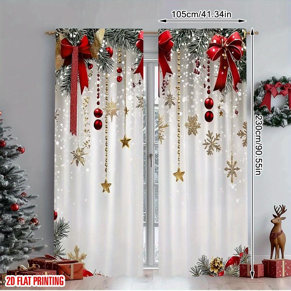 Christmas Theme 2pcs HD Digital Print Bow Bell Curtains, Polyester Material, Semi-Transparent Privacy Protection, Hand Washable, Window Curtain