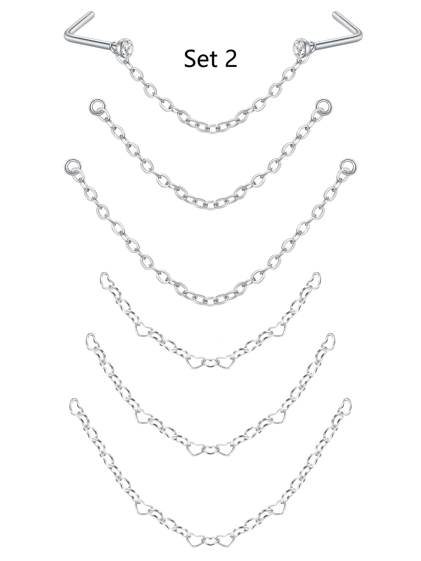 Stainless Steel Cz Nose Chain Piercing, 20g L Bone Shaped Nose Ring Chains for Women, Cz Nose Studs with Chains, Nostril Piercing Jewelry, Nose Piercing Kit