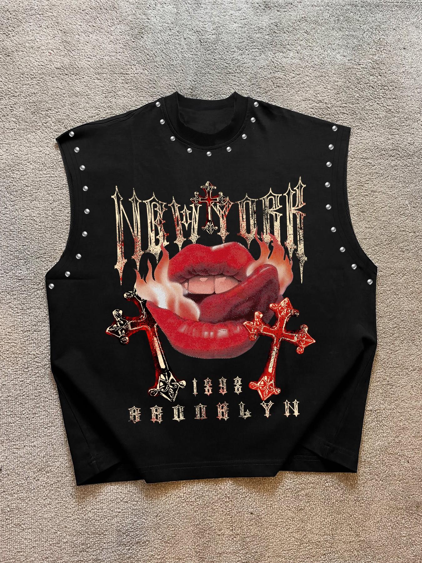 Men's Casual Vest, Stylish Tank, Flame Lip & Vintage Cross Graphic Sleeveless Print, Comfortable Fabric, Regular Fit, Streetwear, Livehouse Party, Trendy Men