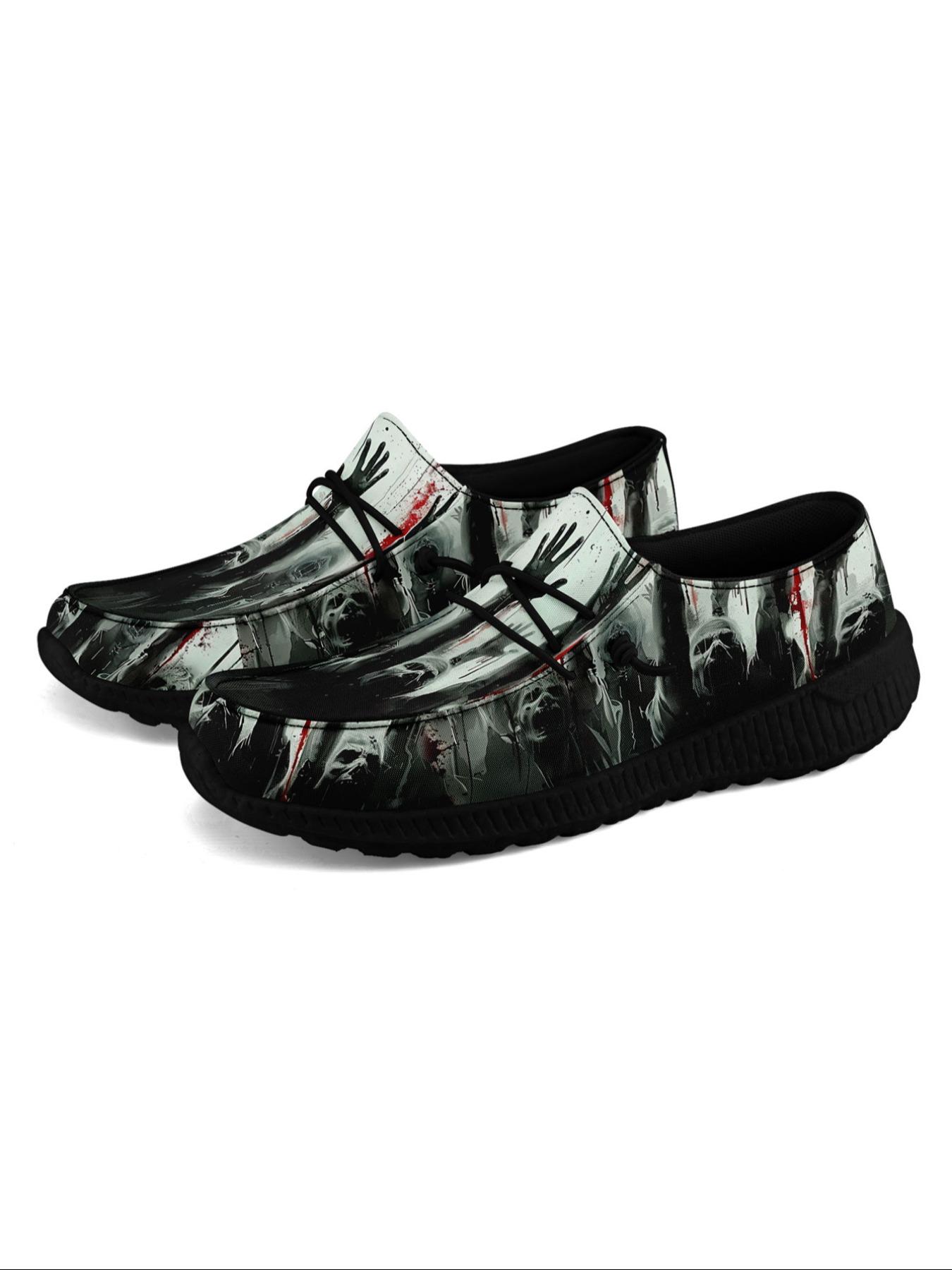 Women's Halloween Themed Ghost & Pumpkin Print Lace Up Low Top Sneakers, Casual Comfortable Breathable Sports Shoes, Fashionable All-match Sneakers for Daily Wear