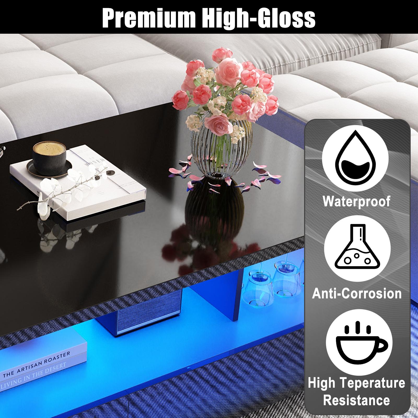 LED Coffee Table with 2 Storage Drawers, Modern High Gloss Black Coffee Table w/20 Colors LED Lights, 2 Tiers Rectangle Center Table for Living Room with Marbling Print, APP Control, Black/White