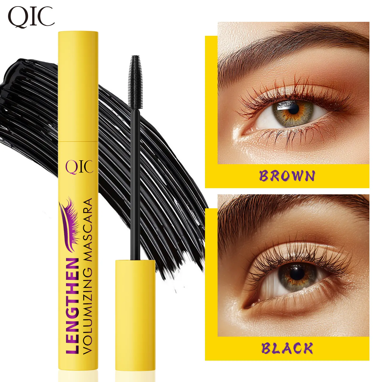 Waterproof Brown Mascara in Yellow Tube, 3D Stereo Lash Mascara, Smudge-Proof Lengthening Volumizing Curling Daily Eye Cosmetics