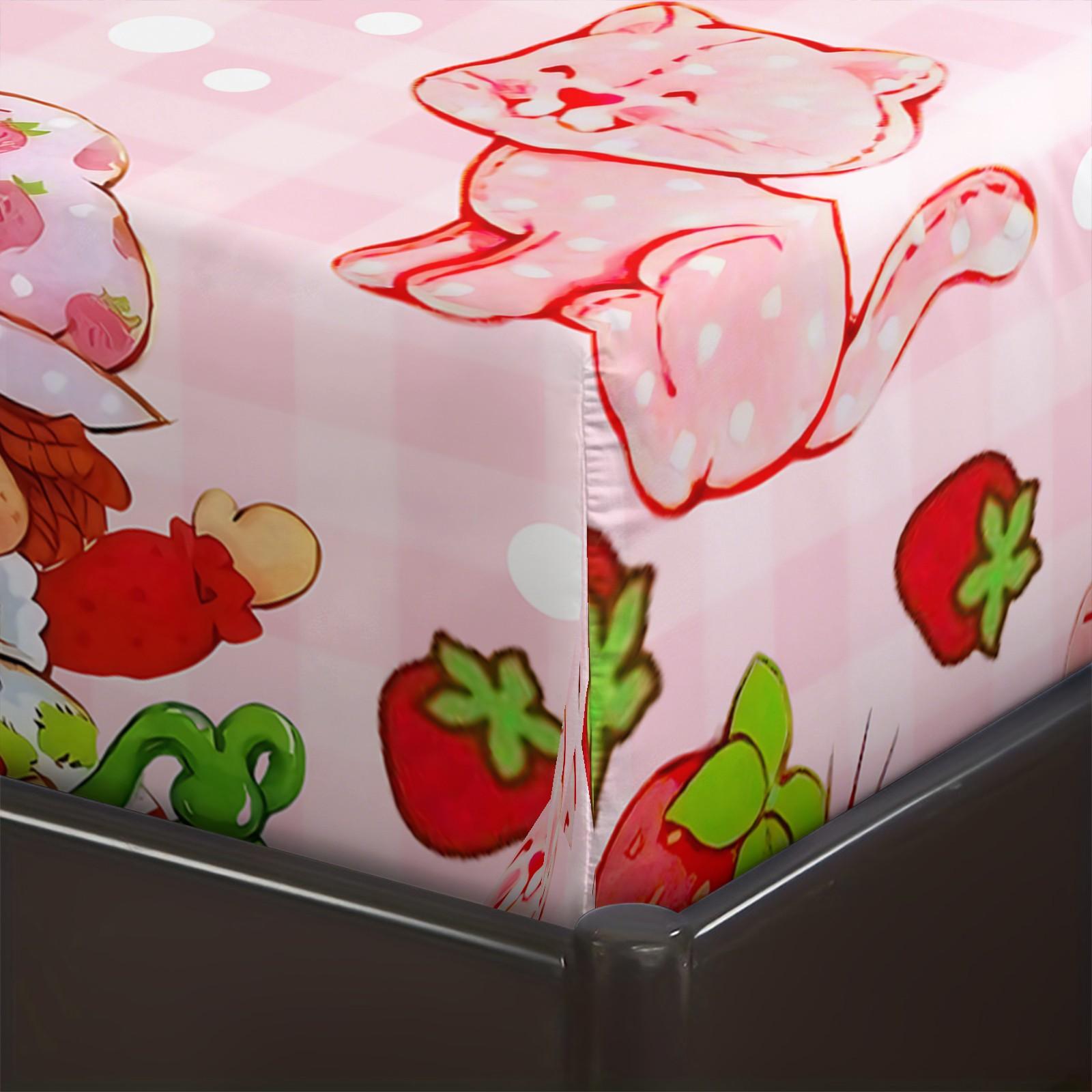 Strawberry Sweetheart Fitted Sheet Set & 2 Pillowcases No Core, Pink White Plaid, Pink Cat & Full Print Strawberry Design, Soft Anti-Slip Wrinkle-Resistant, Fairy-Tale Girls Room, Kids Room Decor Gift Choice