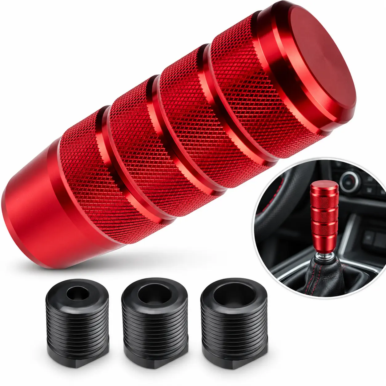 Aluminum Weighted Shift Knob, Universal Manual Gear Shifter Handle with M8 M10 M12 Adapters, Sporty Anti-Slip Knurled Design Car Interior Upgrade Accessory