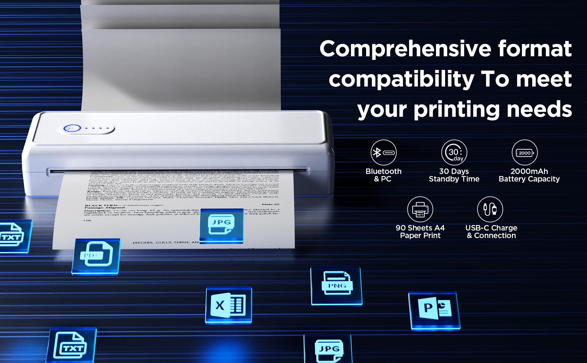A4 Thermal Printer Bluetooth Compatible with IOS Android-Support 8.5X11 US Letter A4 Paper 2"3"4“-Inkless Printers for Home Use Office Car