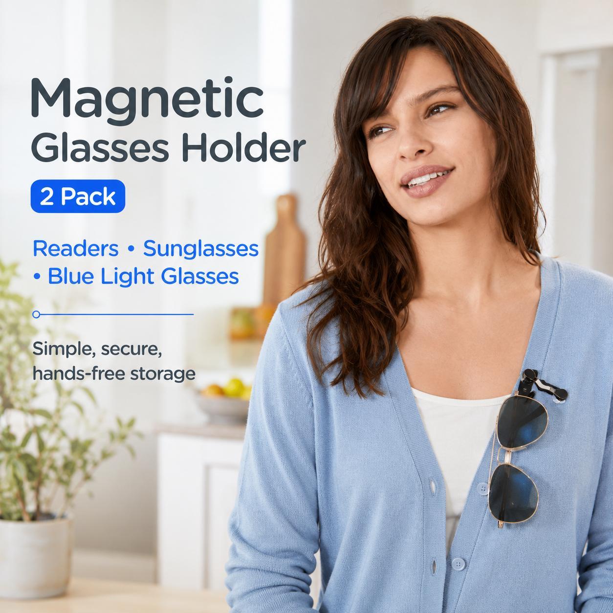 2 Pack Magnetic Glasses Holder Clip, Stainless Steel Black Eyeglass Fastener, Strong Magnetic Storage Clip for Reading Glasses, Sunglasses, Blue Light Eyewear, Safety Glasses and Earphones, Hands Free Portable Daily Accessory, Made in USA