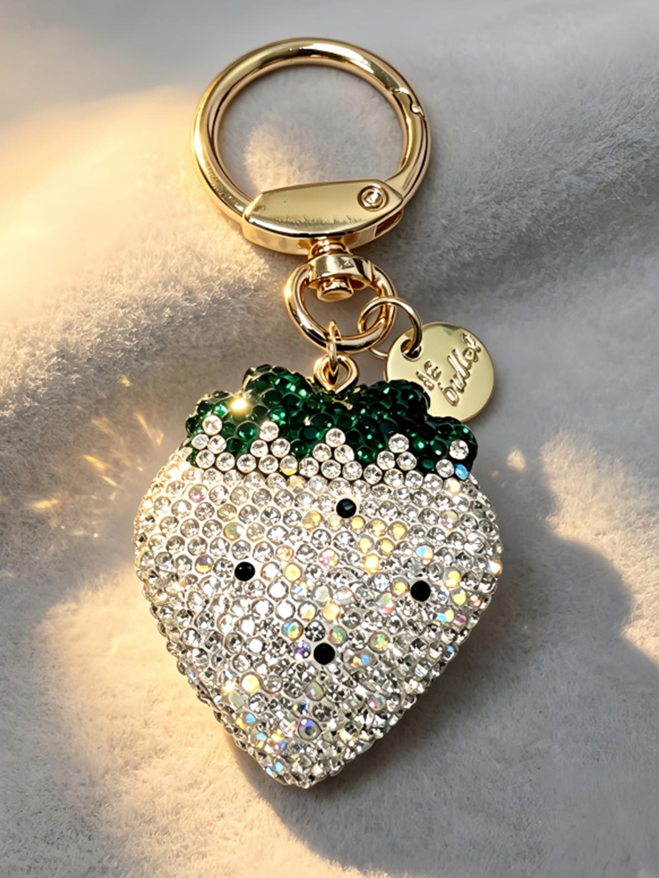 Rhinestone strawberry keychain, sparkly cherry bag charm, rhinestone fruit pendant, jubilee-themed bag decoration, full rhinestone keychain, luxurious pendant, sparkly bag accessory, full rhinestone strawberry accessory, full rhinestone cherry bag charm