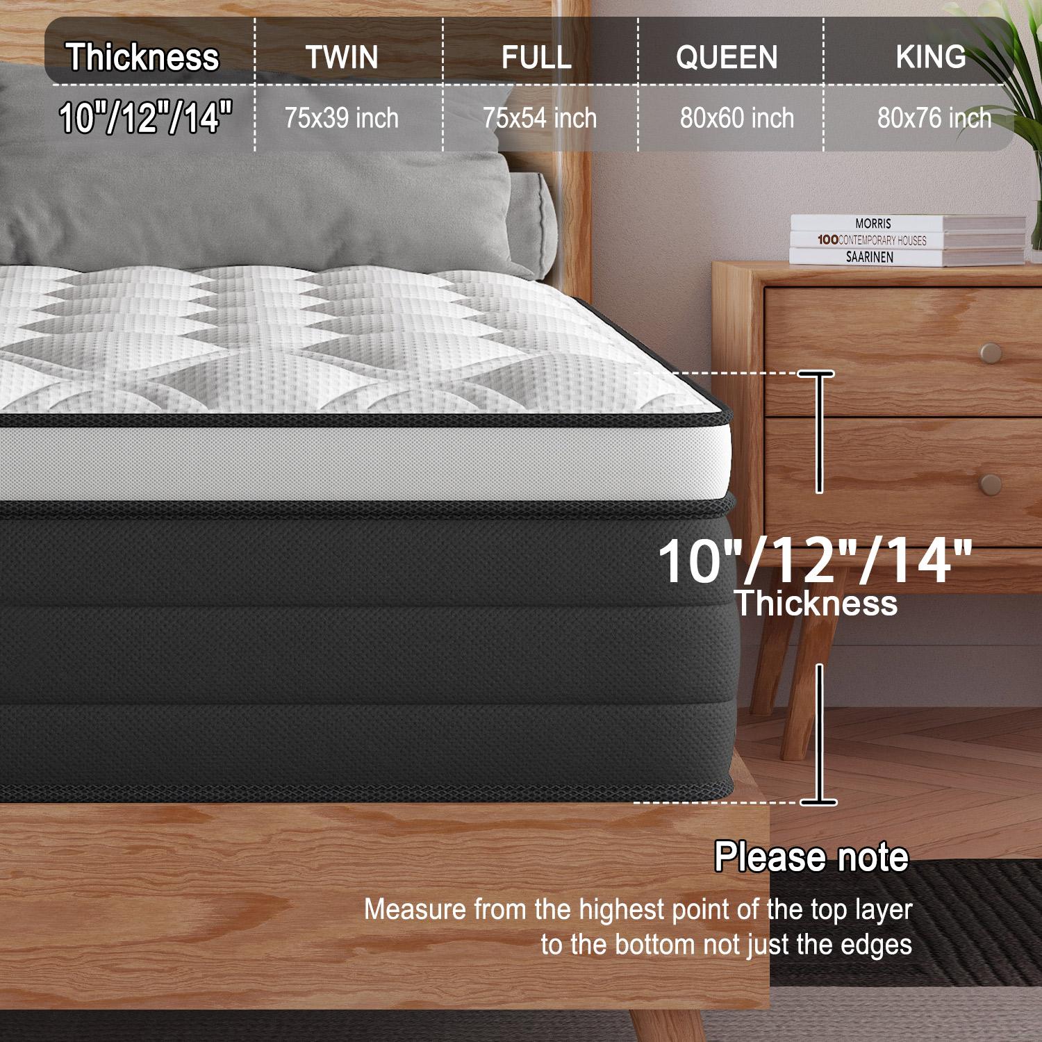 12"14" Twin Full Queen King Size Mattress in a Box Hybrid Spring  with Gel Memory Foam and Individually Pocket Innerspring Euro Top Mattresses Medium Firm for Motion Isolation, Edge Support, 100 Night Trial