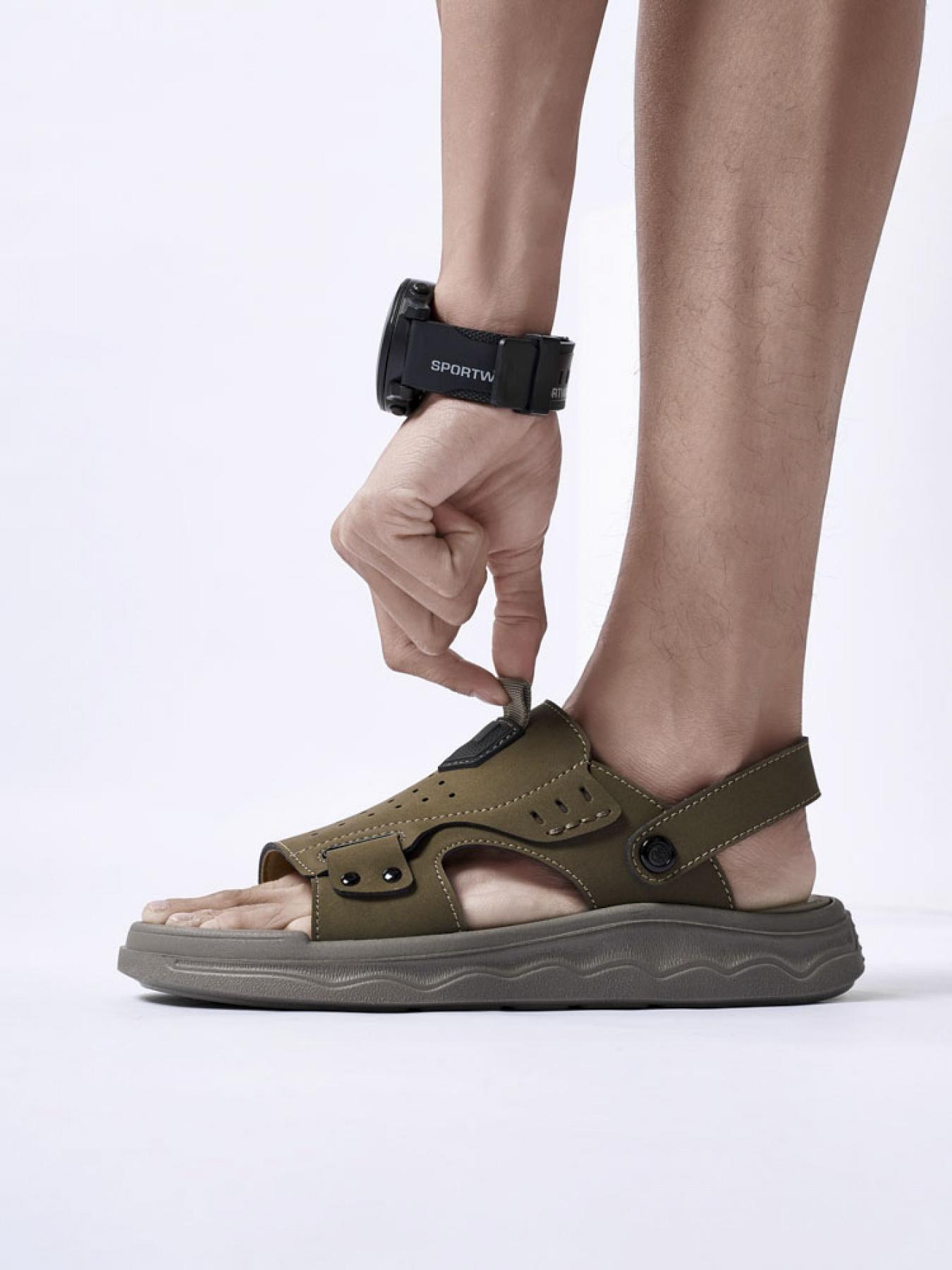 Men's Solid Color Dual-Wear Velcro Closed-Toe Sandals Thick-Soled Breathable Beach Shoes Non-Slip Wear-Resistant Outdoor Water-Resistant Sandals