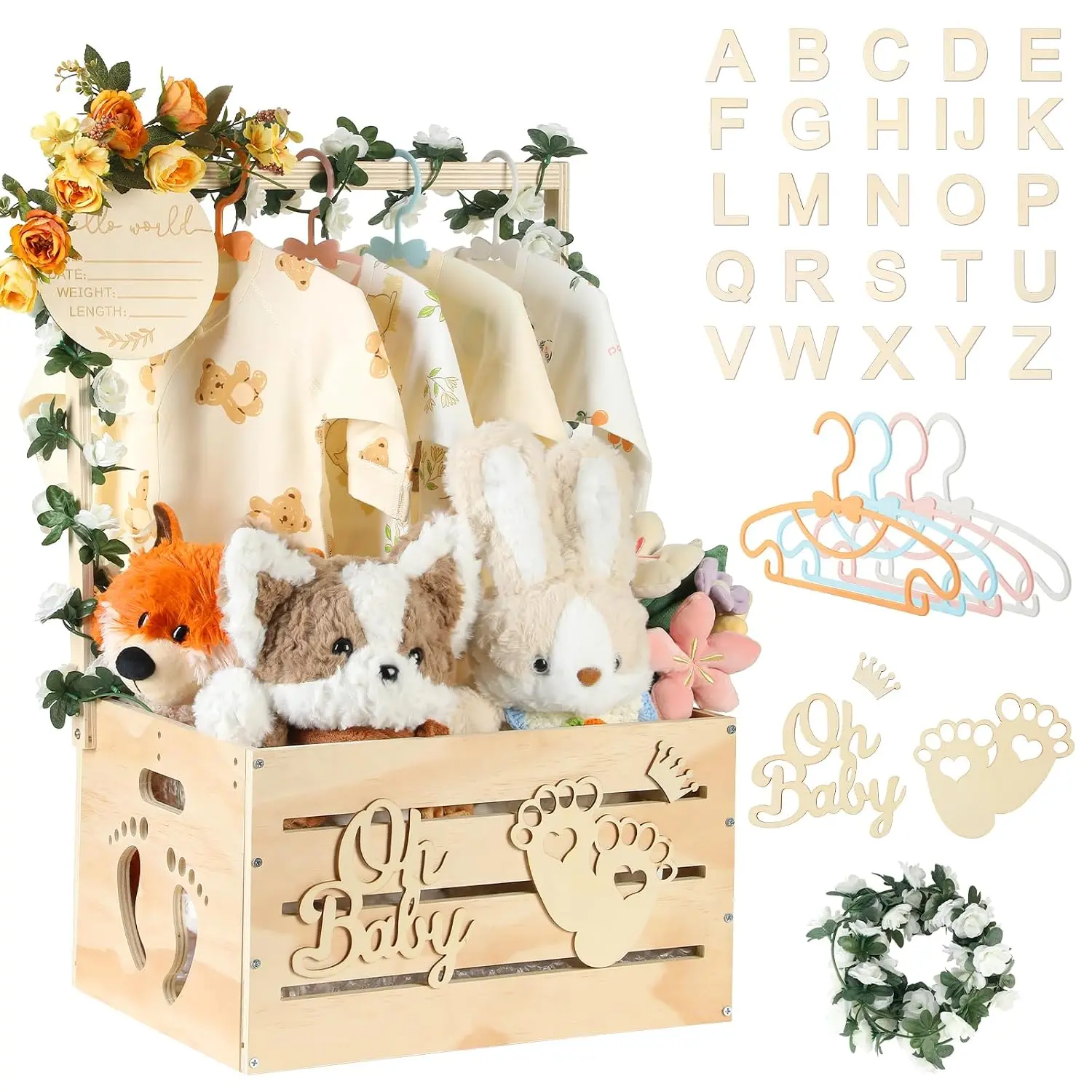 Wooden Baby Shower Crate Closet, Personalized Baby Gift Basket with Hanger, New Born Girl Boy Large Clothes Storage Box for Baby Shower for Pregnancy New Mom Parent