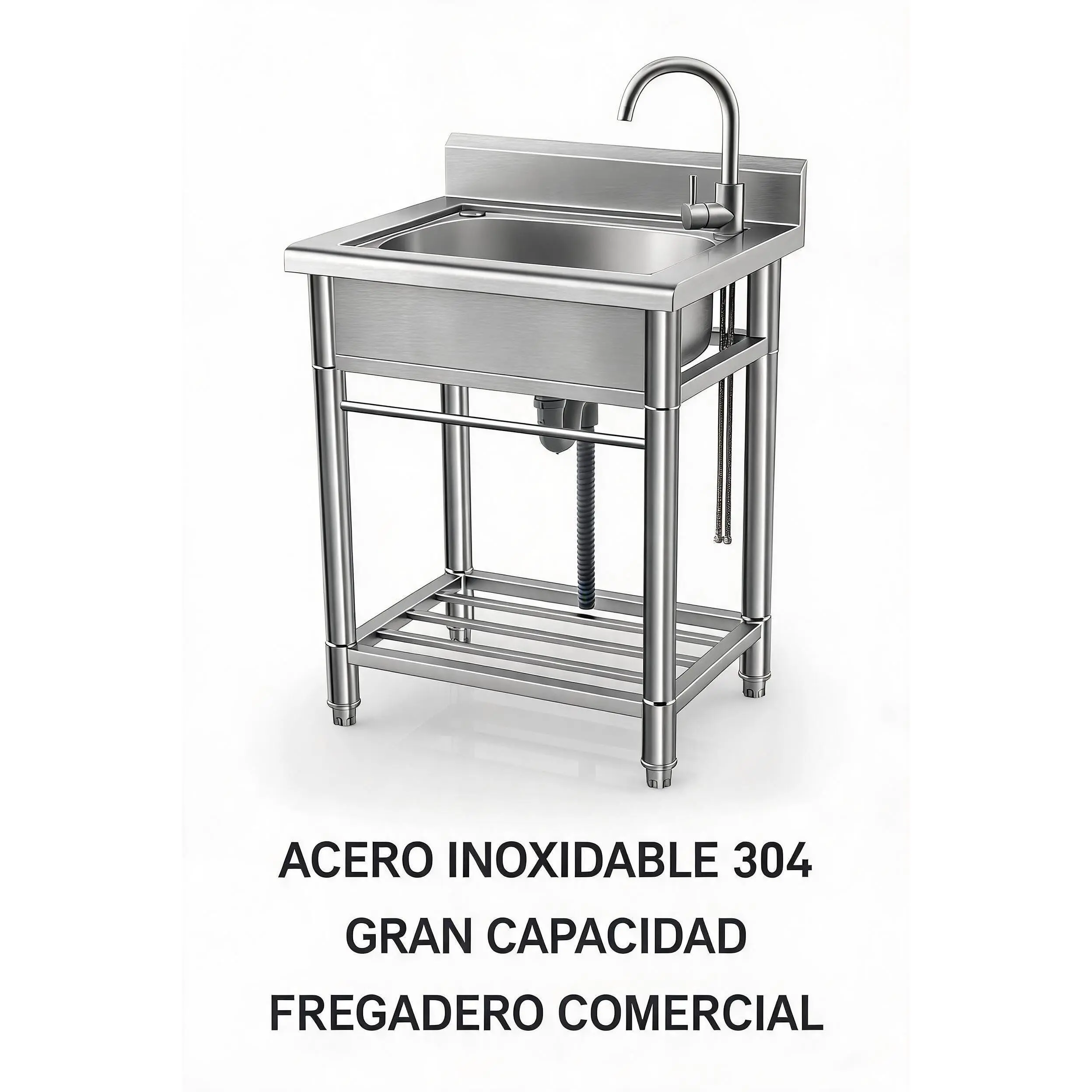 Commercial Stainless Steel Single Basin Kitchen Sink, 360° Rotatable Faucet with Hot/Cold Water, Easy Install