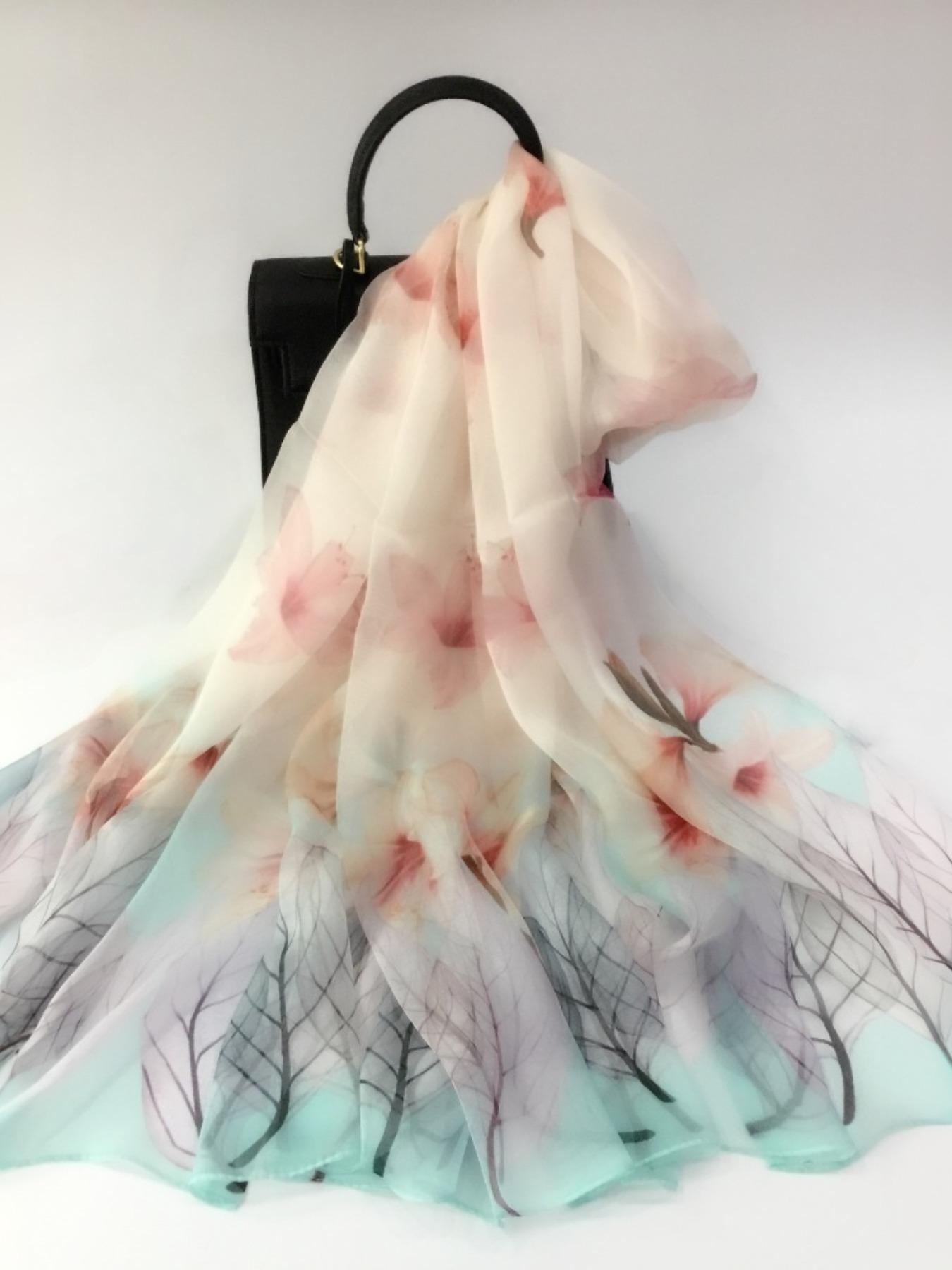 175cm*110cm Printed Silk Shawl for Women, High-End Silk Scarf, Lotus Pattern, 100% Mulberry Silk, Soft and Breathable, Ideal Gift