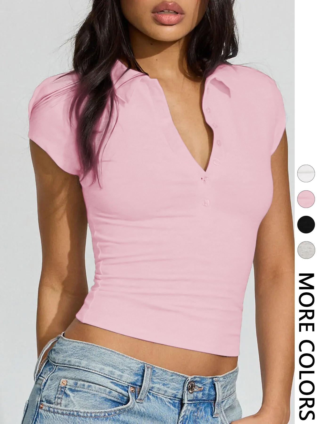 Fashionable Solid Color Comfortable Slim-Fit V-Neck Button Short Sleeve Polo Shirt Top, Stylish Casual Wear for Men, Perfect for Any Occasion