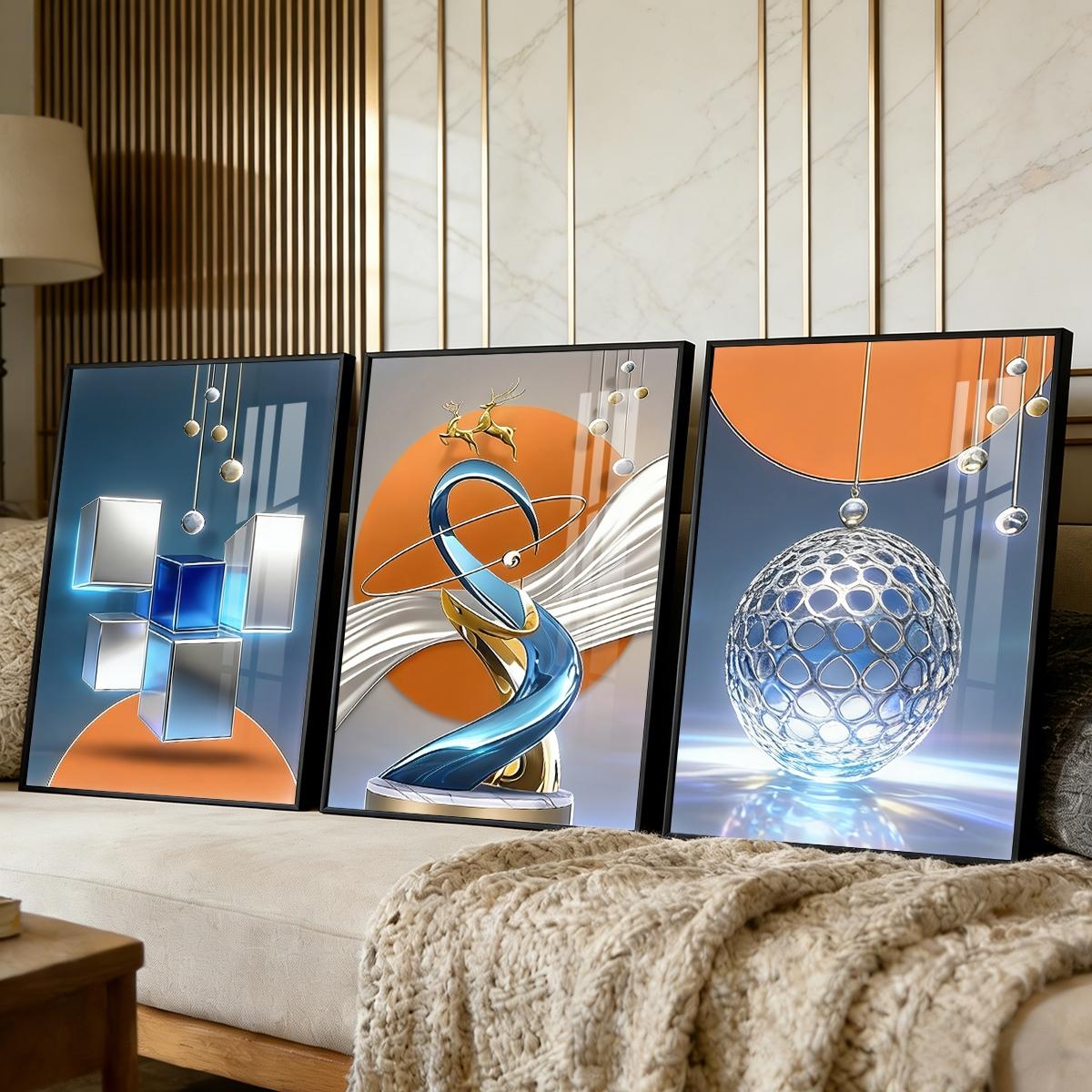 3 Counts Aluminum Alloy Framed Painting, Modern Abstract Geometric Sphere And Cube Art, Home Decoration For Living Room, Bedroom, Office, Restaurant, Hallway Wall Decor, Odorless Print Artwork, Luxury Perfect Gift For Friends And Family