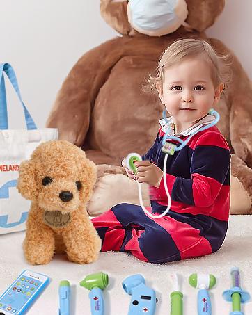 Colorful Plastic Pretend Doctor Kit for Girls with Dress-Up Costume, Dog Figure, Carrying Bag, Stethoscope - Educational Role Play Toy Gift for Kids Toddlers Ages 3-6, Colorful Set, Pretend Kit