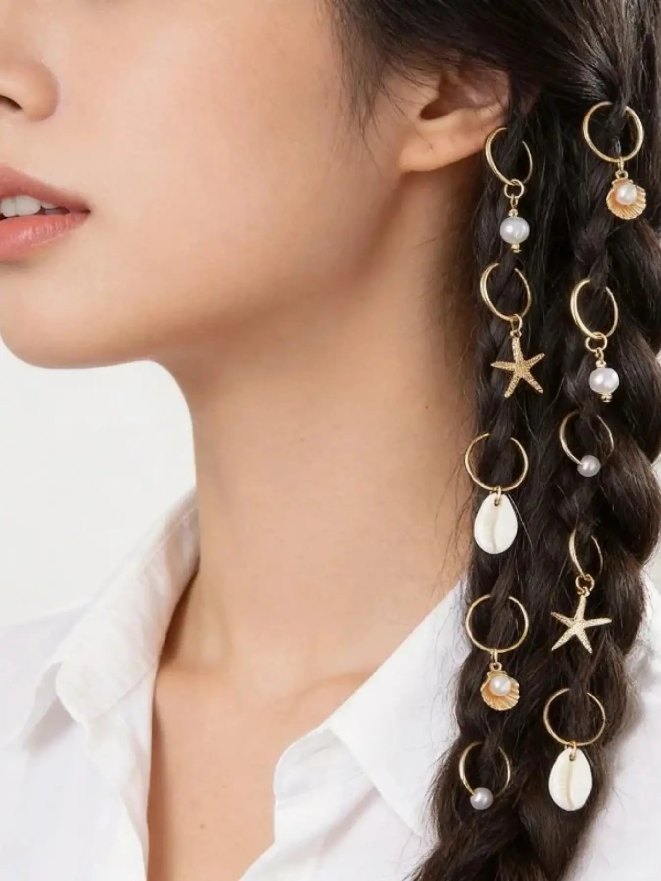 10pcs/set Sea Shell Braided Hair Rings, Bohemian Vacation Style Hair Buckle, Hip Hop Dirty Braid, Personalized Casual Hair Clip