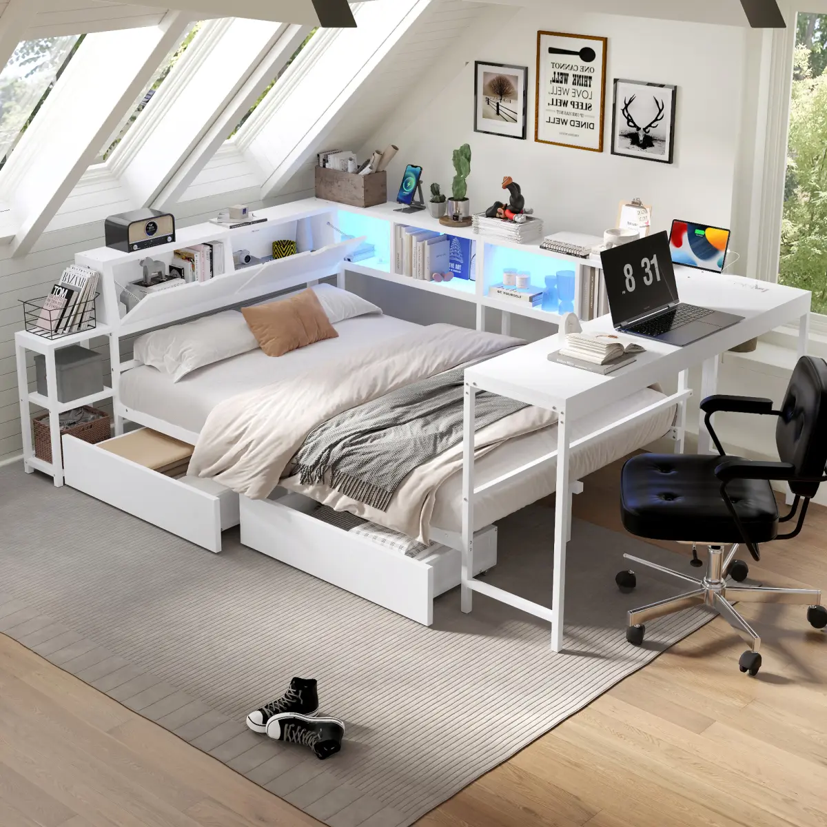 Corner Bed Frame Daybed Platform Bed Twin Full Queen Size with Bookcase and 2 Underbed Storage Drawers, Modern Bed with LED Light and Charging Station, Left and right interchangeable,Station Perfect for Small Rooms