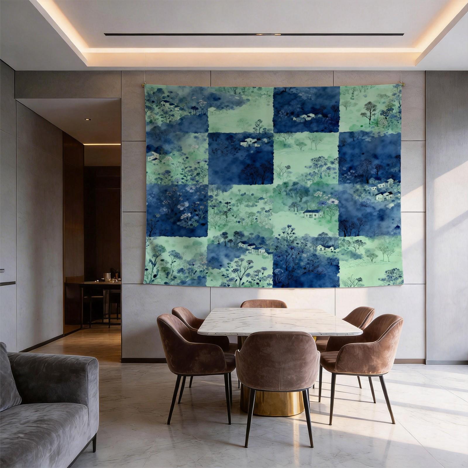 1 Piece Watercolor Landscape Checkered Tapestry, HD Digital Printed Wall Hanging Tapestries, Lightweight Fadeless Aesthetic Room Decor for Bedroom & Living Room, Easy to Hang, Add Vibrant Color to Your Space