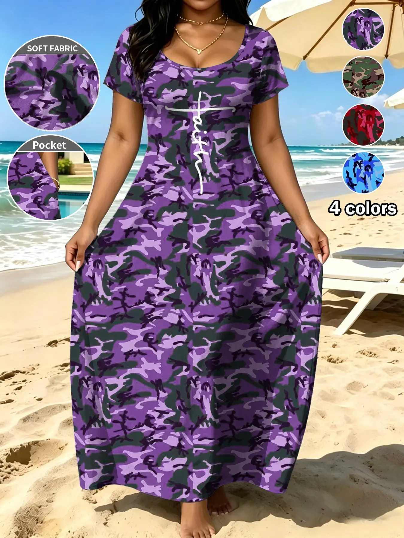 Plus Size Women's Summer Camouflage Letter Print Casual Fashionable Dress, Loose Fit Short Sleeve Long Dress, Casual Pocket Design, Ideal for Daily Wear, Womenswear