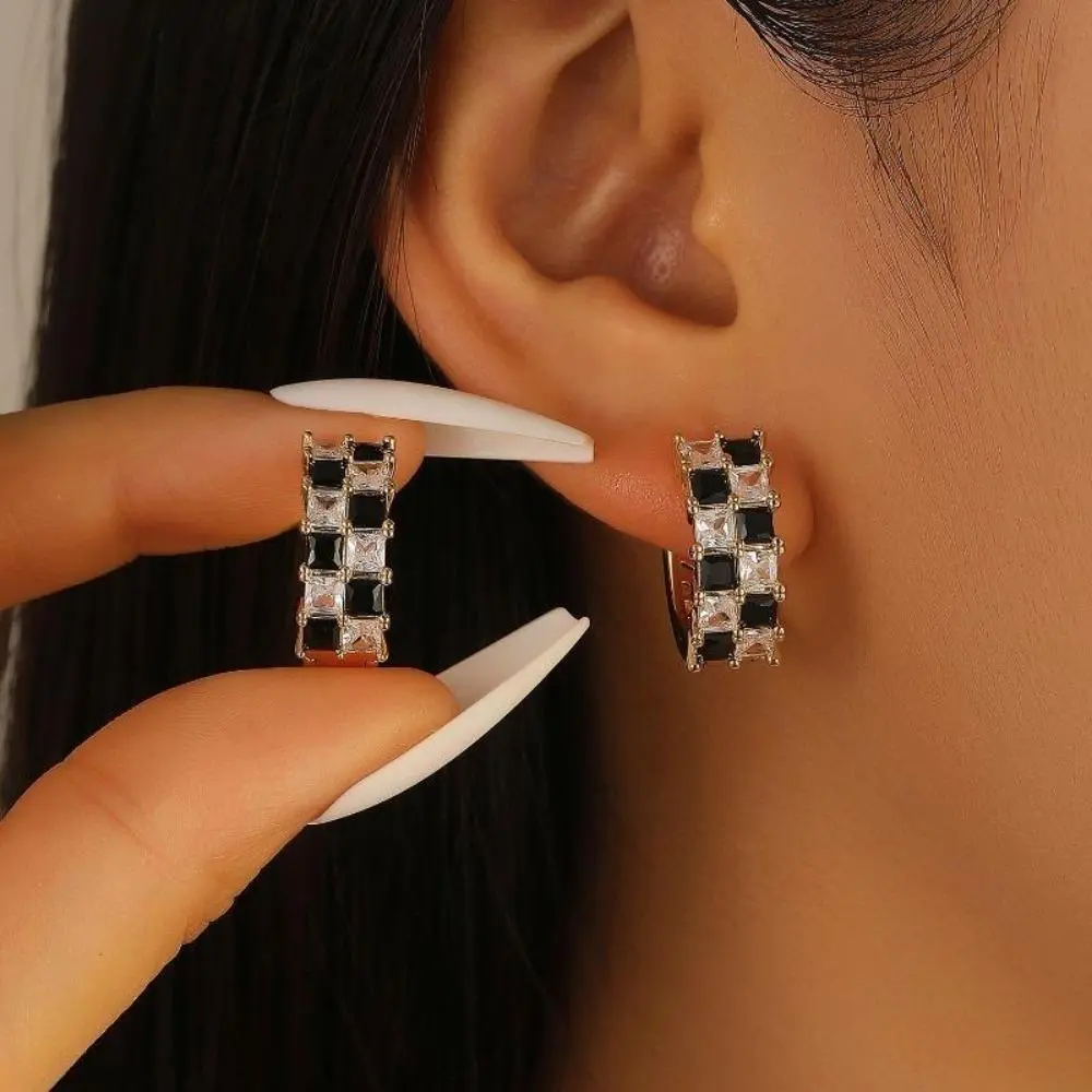 Women's Minimalist Square Geometric Checkerboard Ear Cuff Bag Charm Earwear, Classic Black-White Plaid Grid, Secure-Fit Year-Round Casual Elegant Accessory for Daily Use & Gifting, Sports & Outdoor Protective Gear Accessory