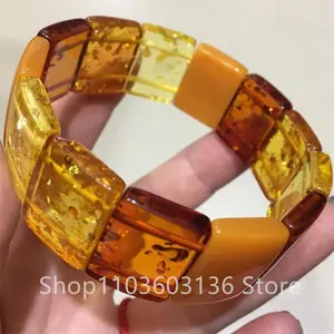 Natural Baltic Amber Flower Wide Bracelet Men Women Healing Jewelry Gemstone Bangle Floral Ambers Elastic Lucky Amulet Bracelets