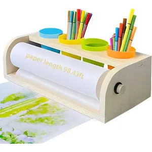 XDONEF Wooden Tabletop Paper Roll Dispenser with Roll 11.4inx98.4ft and Pencil Cups Craft Art Paper Roll Holder for Kids Desktop Easel for Drawing Painting Home Classroom