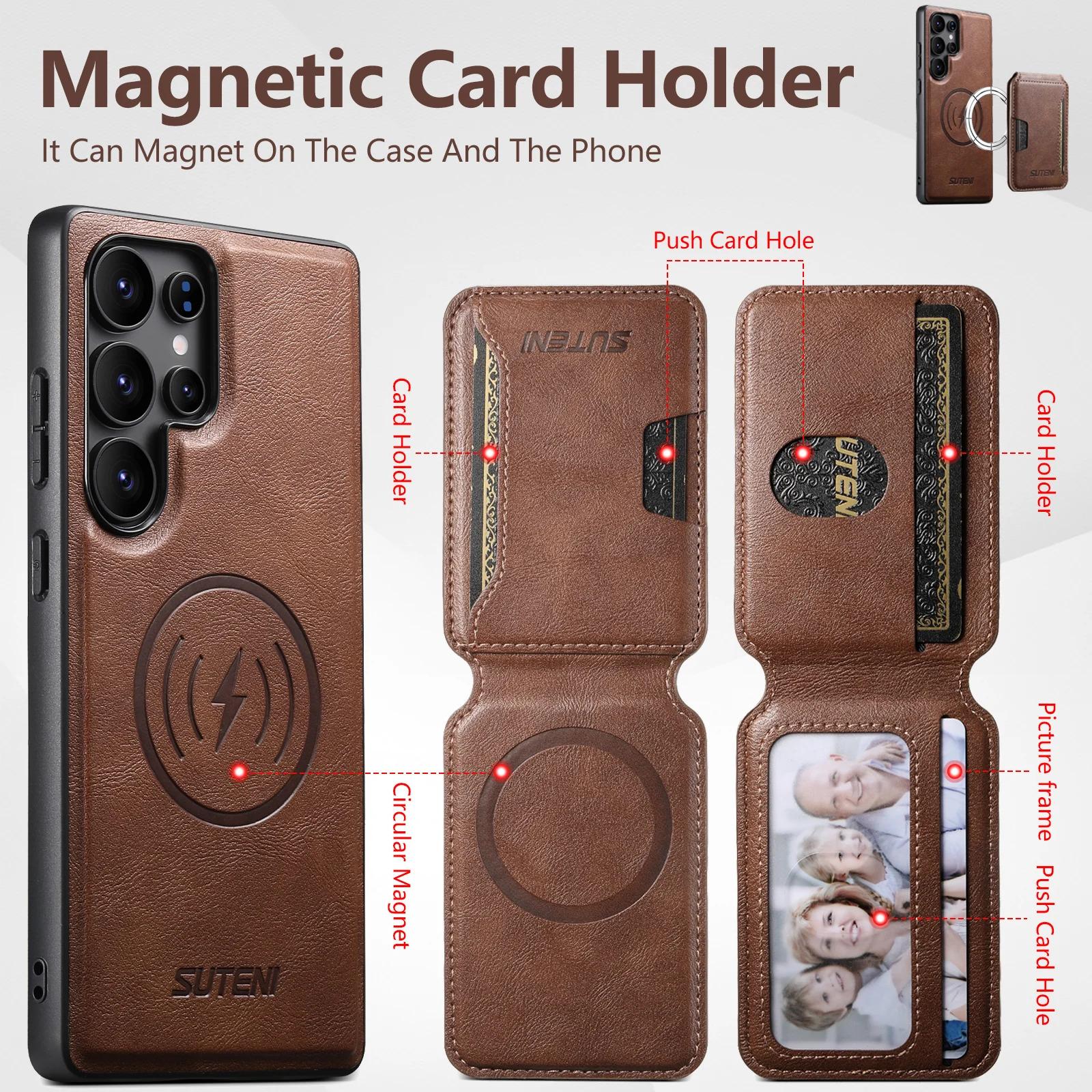Magnet Wireless Charging Luxury Faux Leather Phone Case Card Holder Stand For Samsung Galaxy S26 Ultra S25 S24 S23 S22
