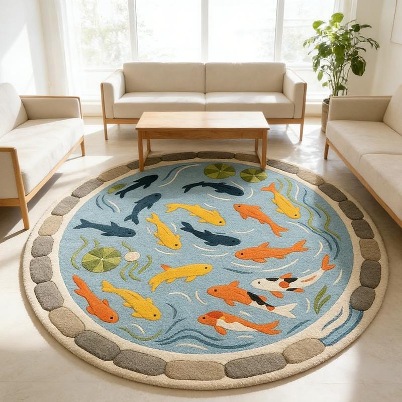 Cartoon Creative Sofa Coffee Table Carpet Good Luck Koi Bedroom Decoration Bedside Rug Large Area Round Living Room Modern Indoor Rug Washable Rug Fluffy and Soft Cloakroom Non-slip Carpet Light Luxury Bathroom Balcony Plush Floor Mat