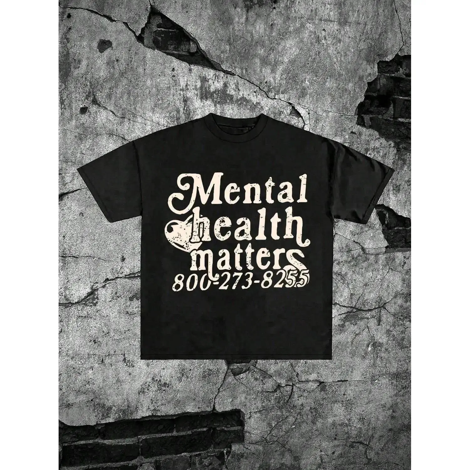 Unisex 'Mental Health Matters' Graphic T-Shirt, Vintage Distressed Mental Health Awareness Print with Support Hotline Design, 100% Cotton Oversized Crew Neck Tee, Short Sleeve Retro Streetwear Top for Mental Health Advocates & Self Care Enthusiasts t0714