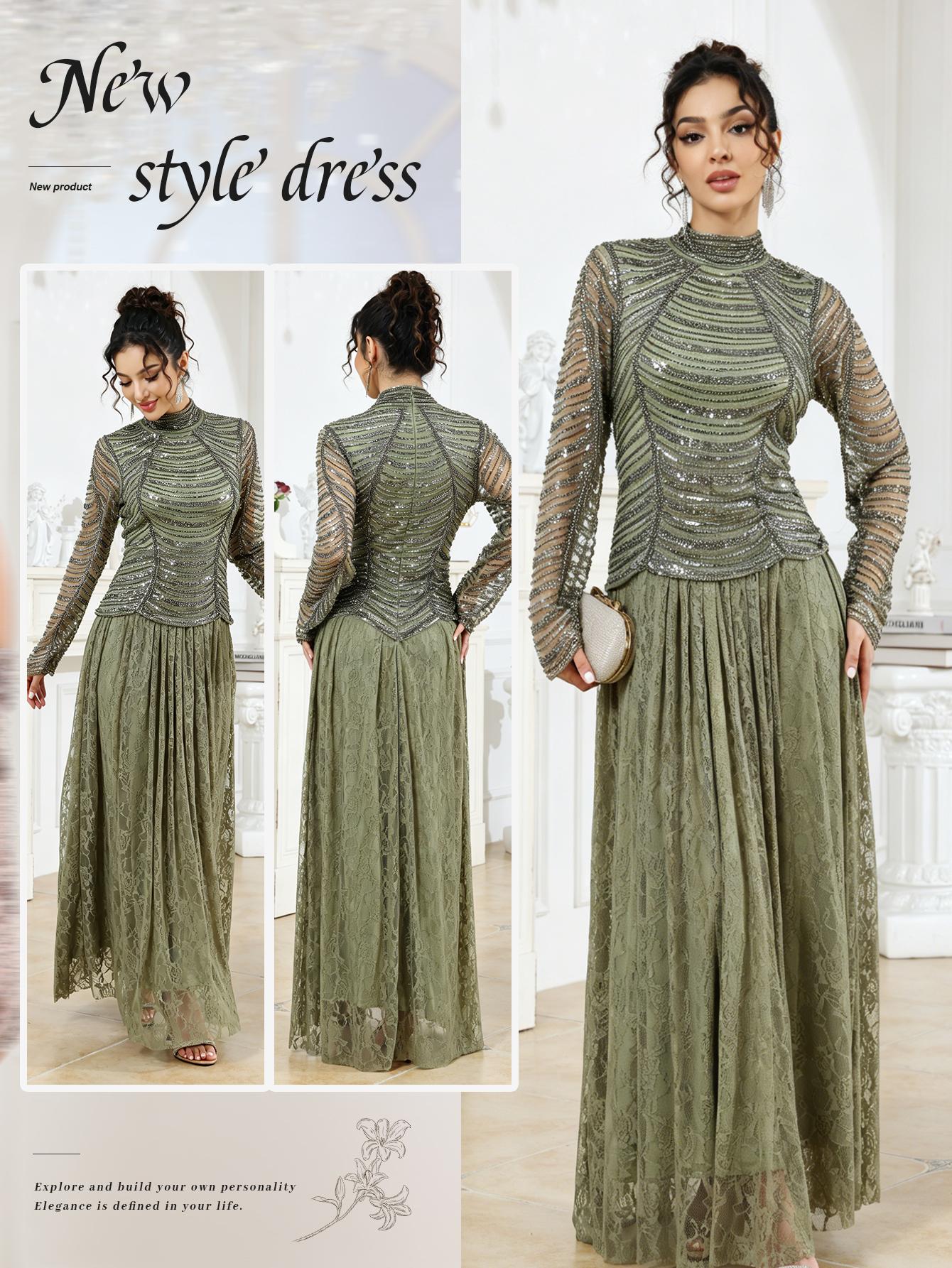 Women's Sheer Long Sleeve Maxi Dress, Floral Lace Embellished Elegant Evening Gown, Perfect for Wedding and Graduation, Festival Wear