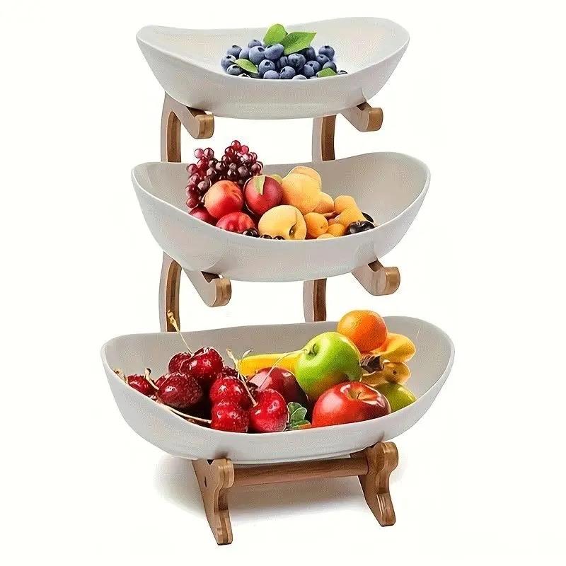 3-Tier Oval Fruit Basket with Bamboo Stand, Durable Polypropylene Kitchen Storage Rack, Modern Serving Tray, Display Riser