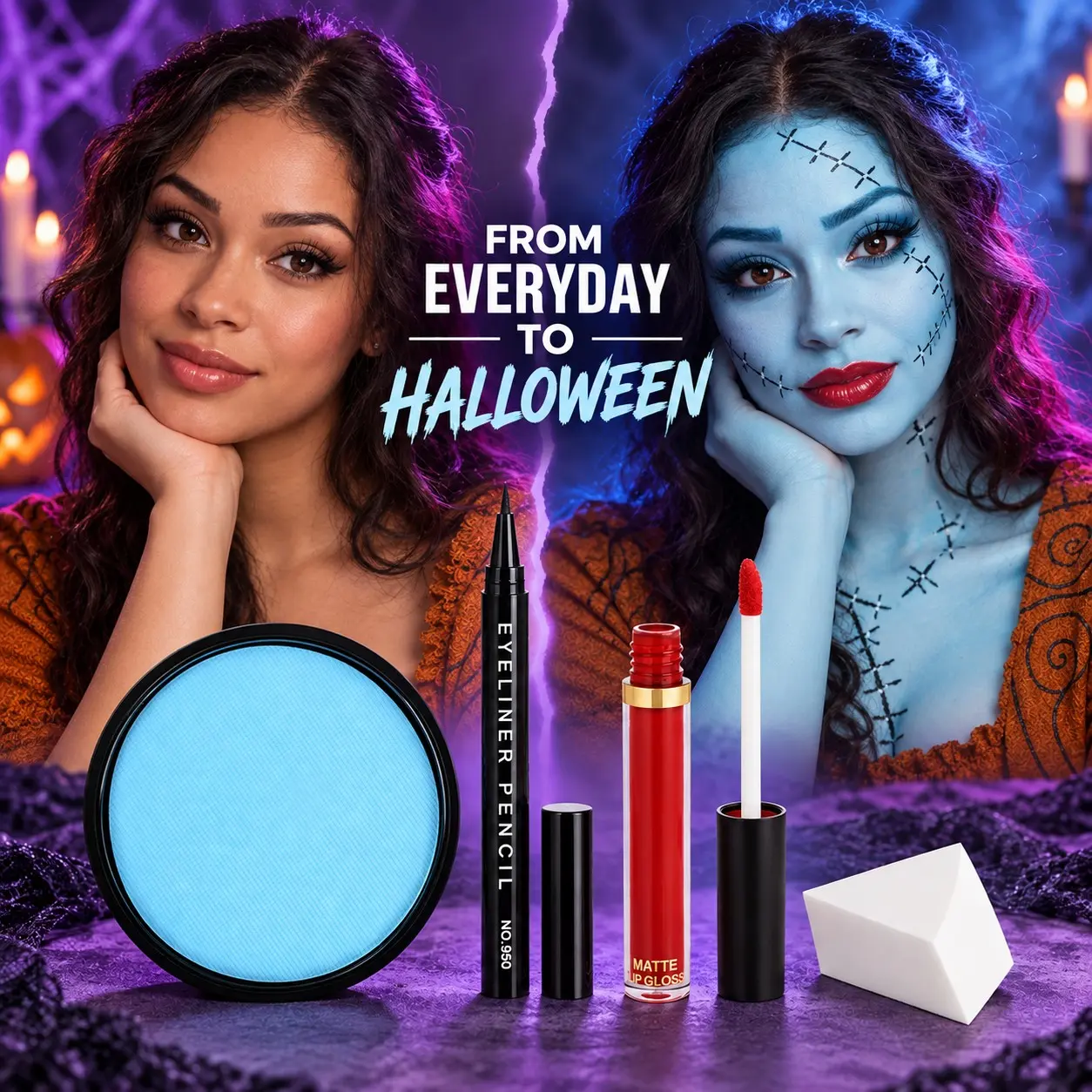 4 Pcs Sally Makeup Kit,Corpse Bride SFX Halloween Baby Blue ,Water Activated Face Paint Makeup Kit,Sally Face Costume Women Cosplay,Light Blue Body Paint+Eyeliner+Lipstick+Sponge